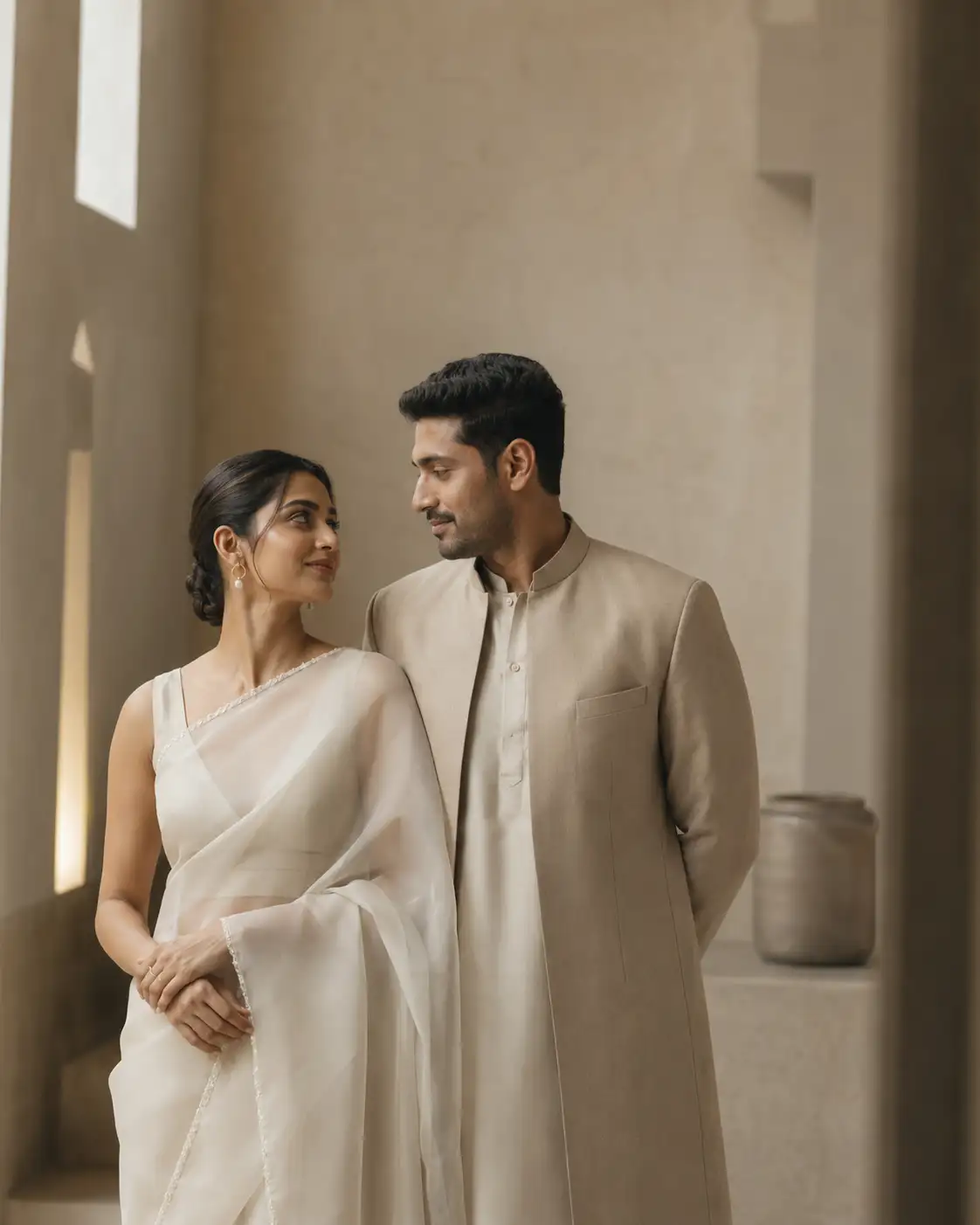 Ananya and Nikhil in contemporary architectural attire