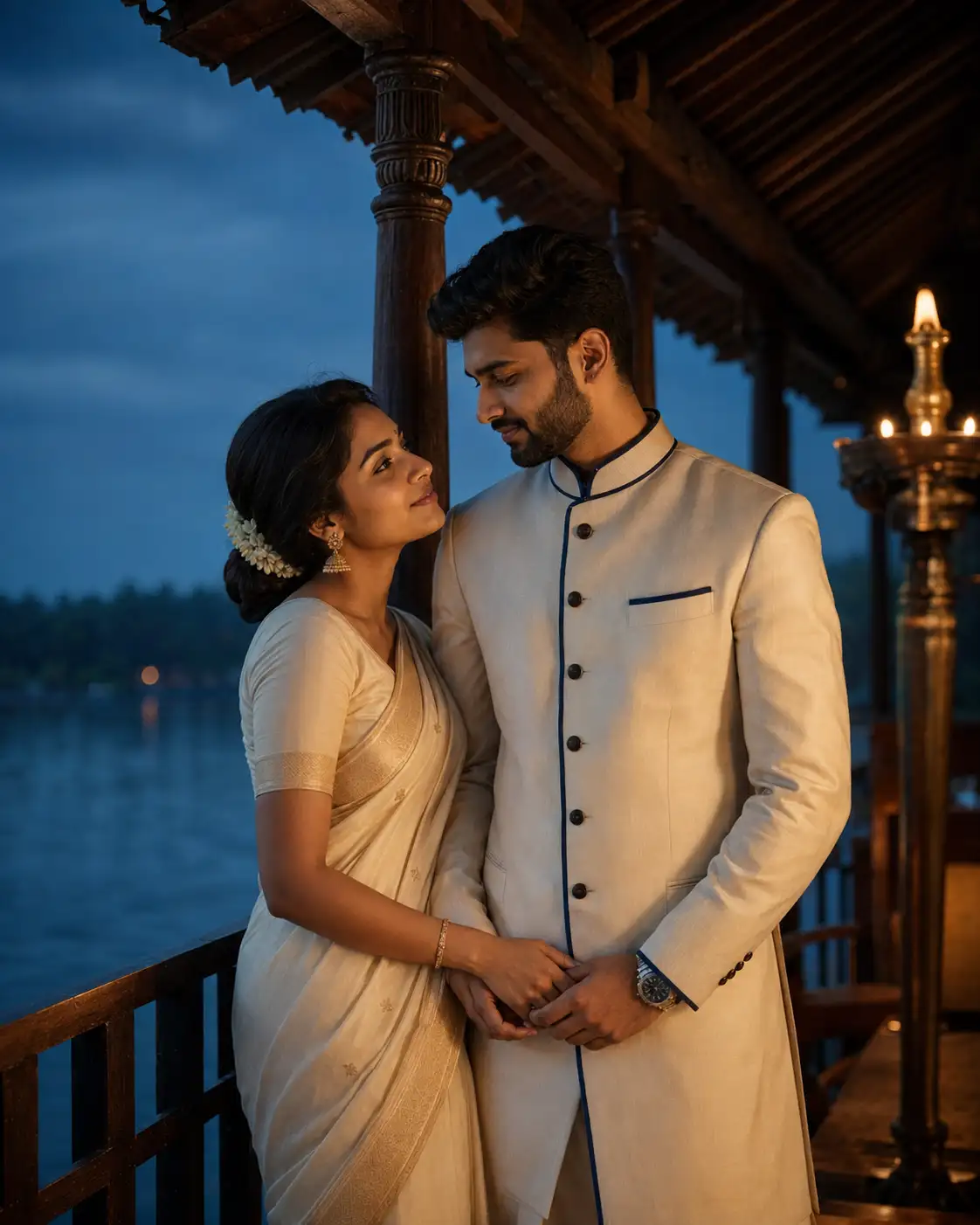 Diya and Adil moonlit waterfront portrait