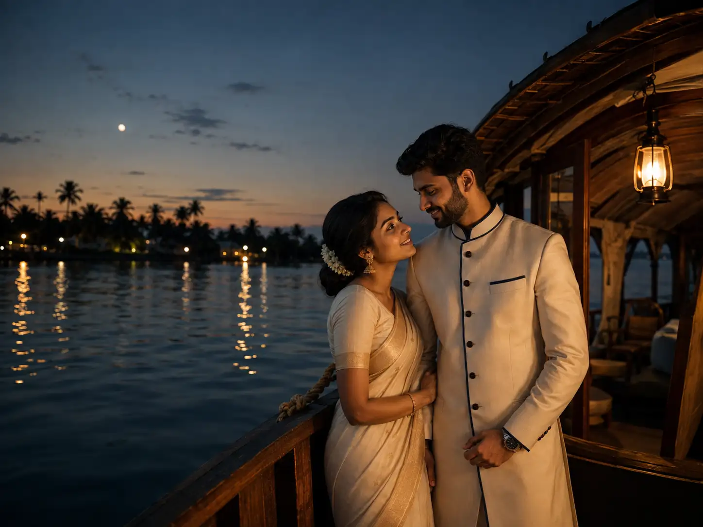 Diya and Adil watching the sunset on a Kerala houseboat
