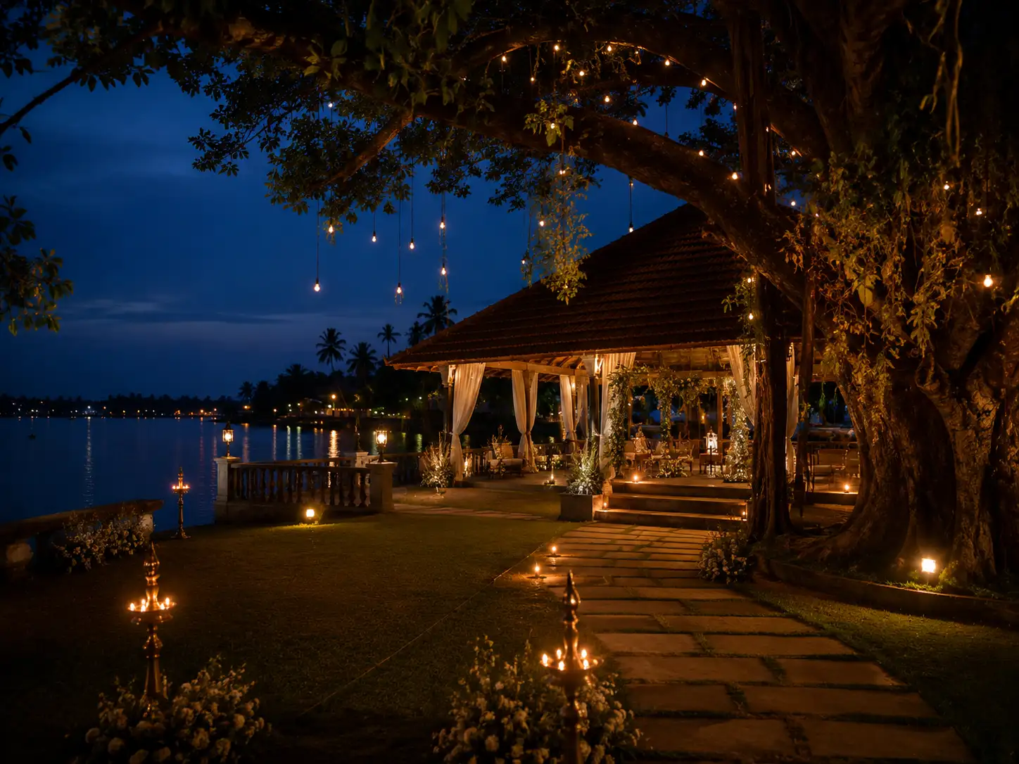 Waterfront wedding reception lawn illuminated with fairy lights and candles at dusk