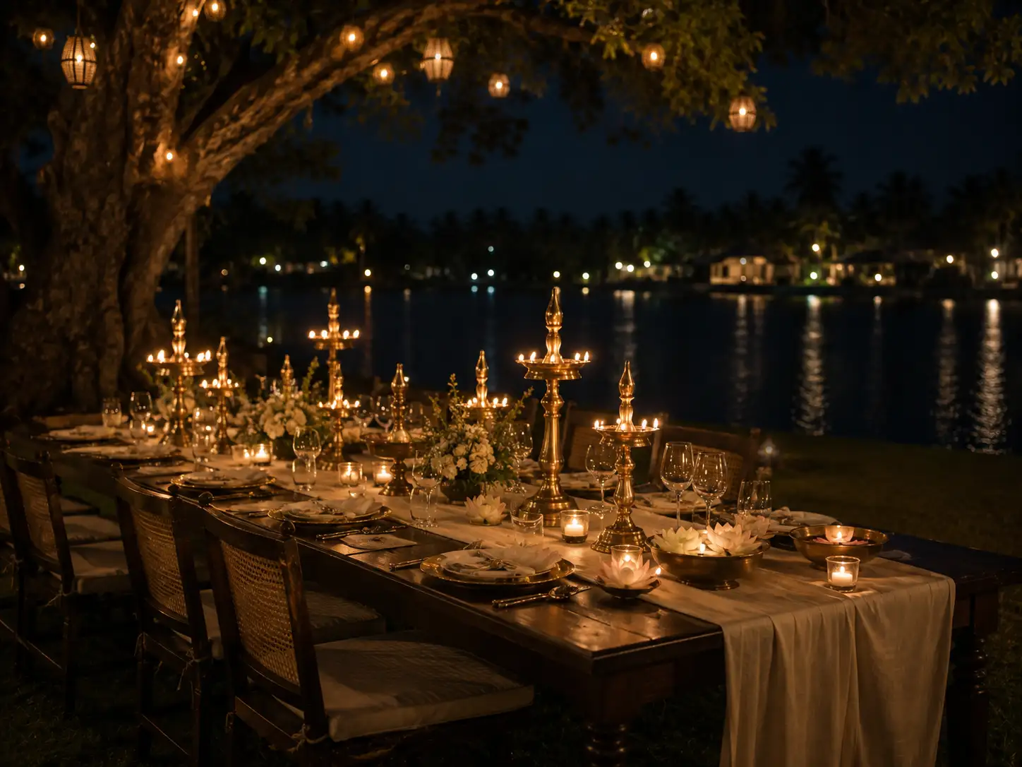 Grand outdoor wedding banquet table with traditional brass Nilavilakku lamps by the water