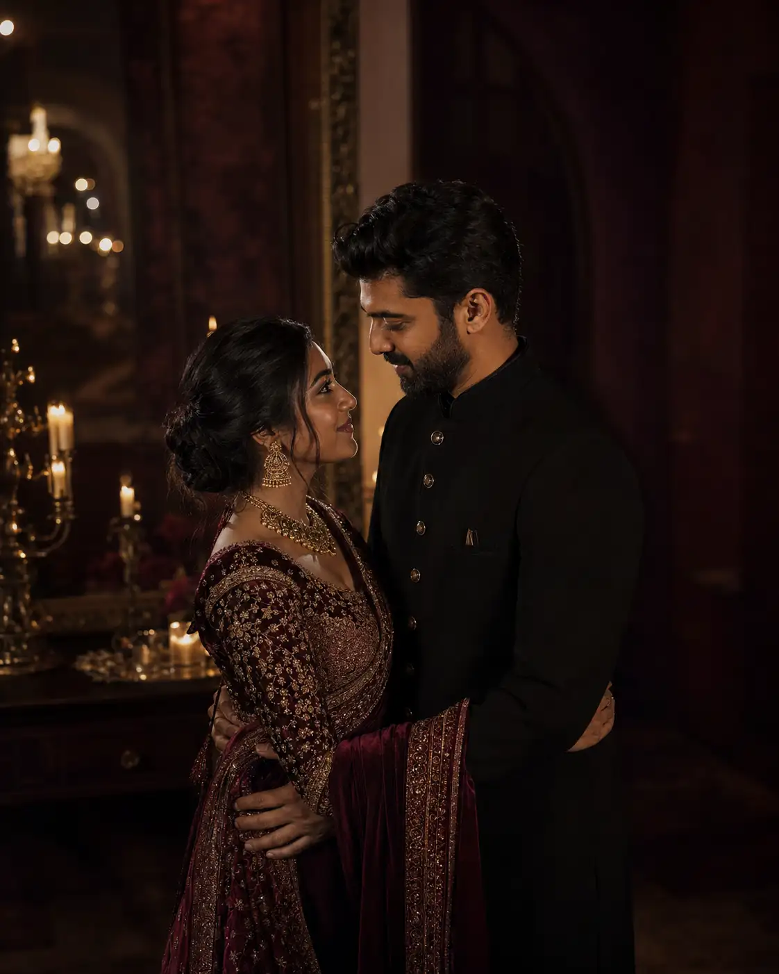 Meera and Arjun candlelit palace portrait