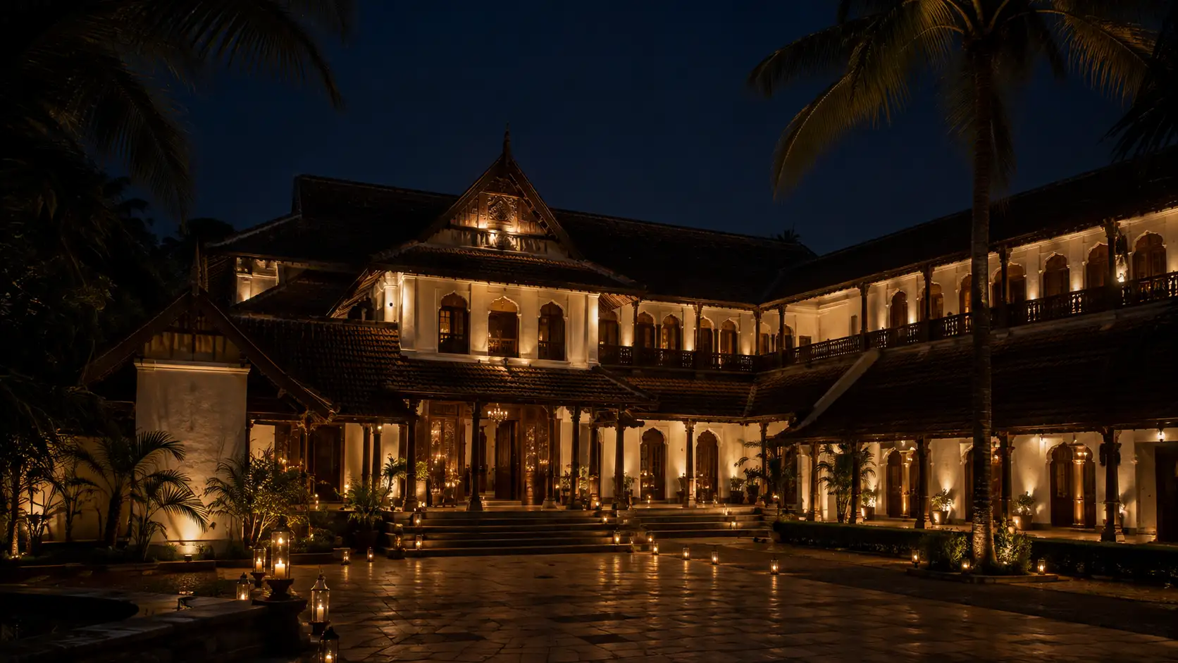 The Kowdiar Heritage Grand Palace illuminated at night