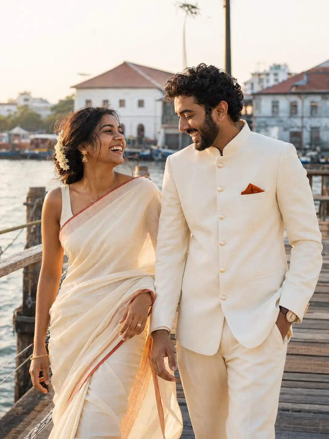 Riya and Joel sharing a candid sunset moment on the backwaters