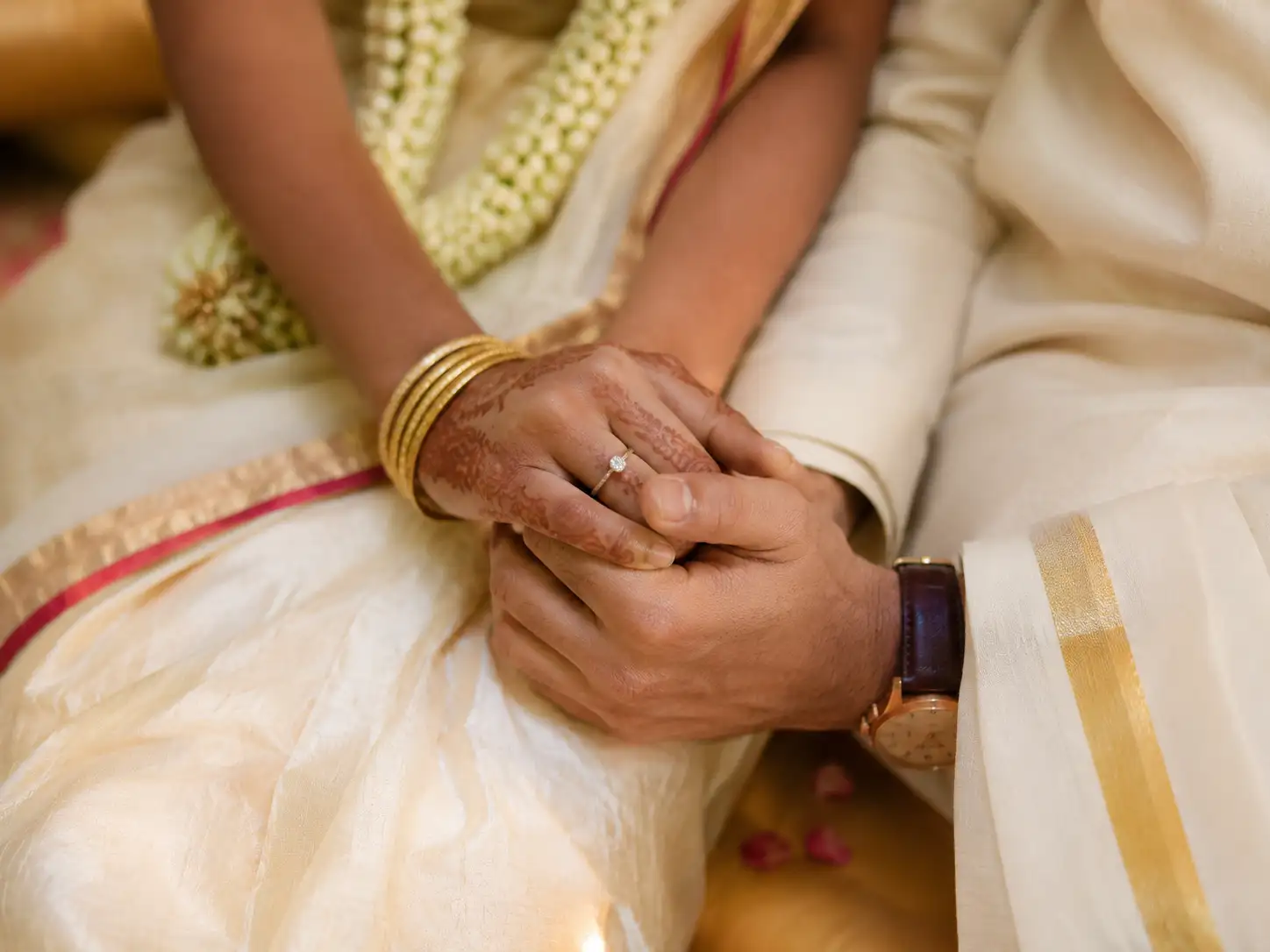 Traditional Kerala gold jewellery and fresh fragrant jasmine blossoms