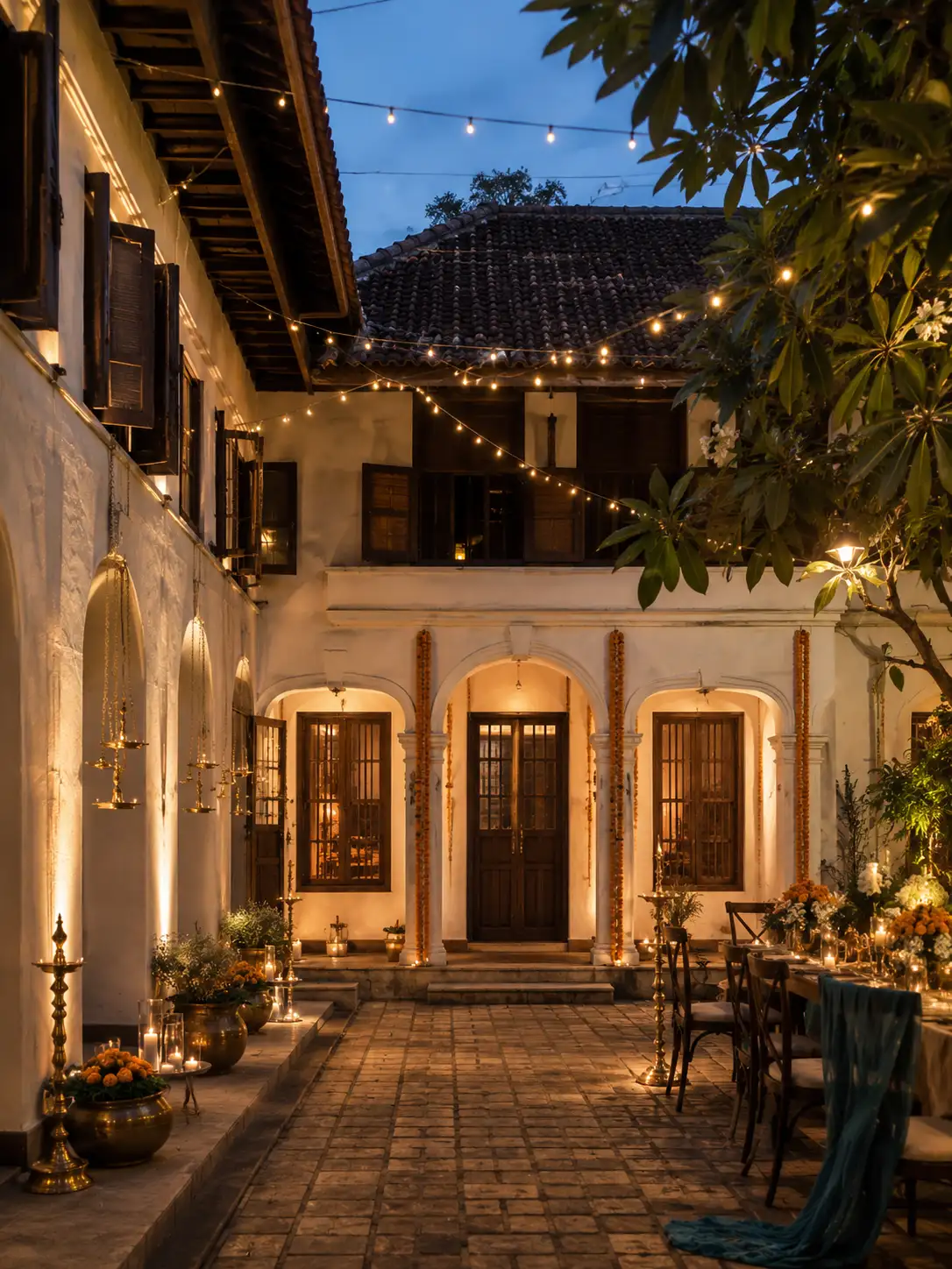 Illuminated waterfront reception lawns with fairy lights