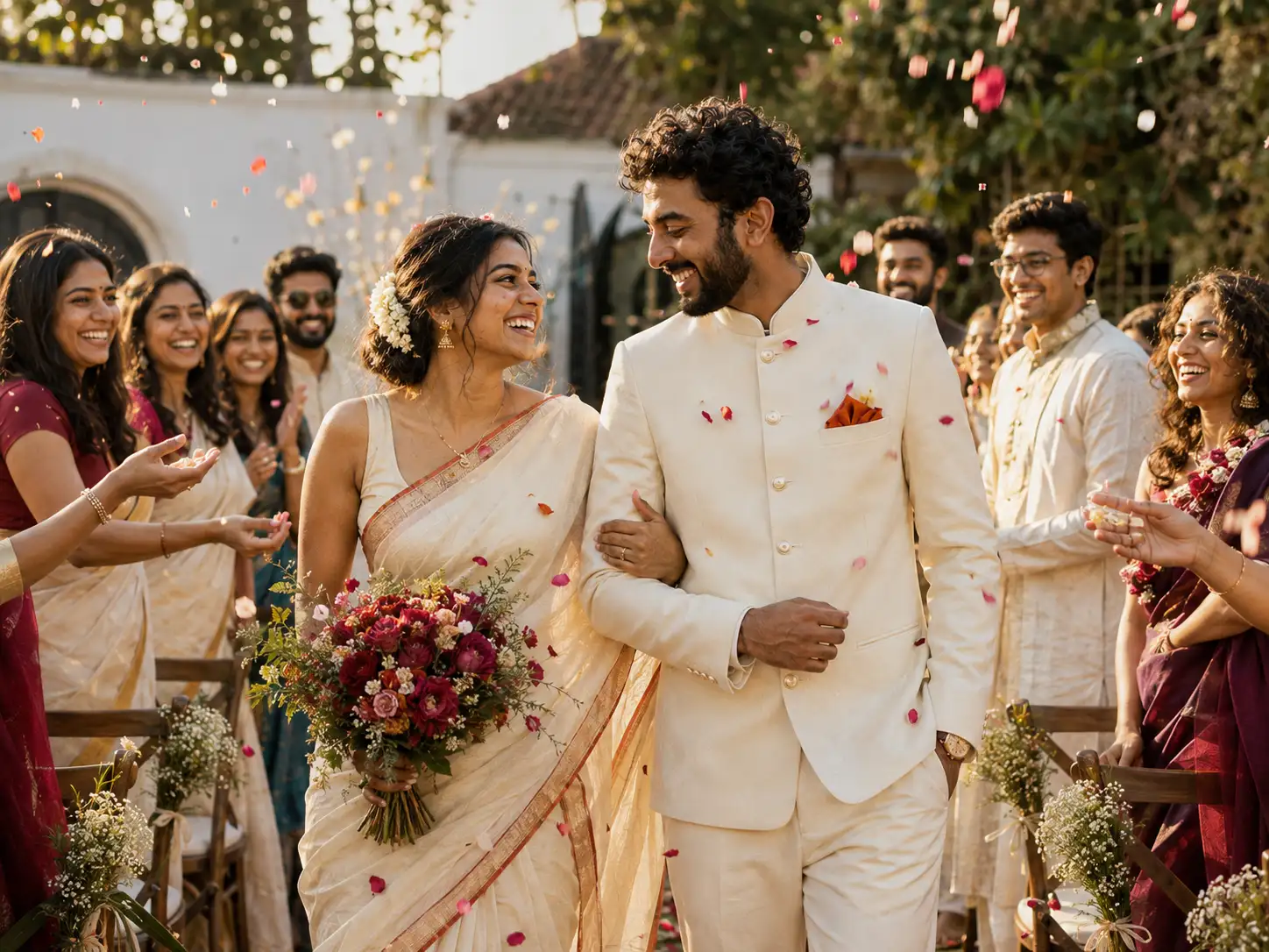 Family showering fragrant flower petals in blessing
