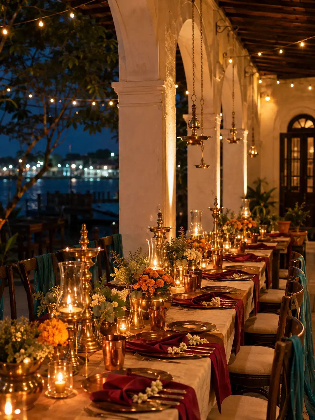 Grand celebration dinner with brass Nilavilakku lamps by the lake
