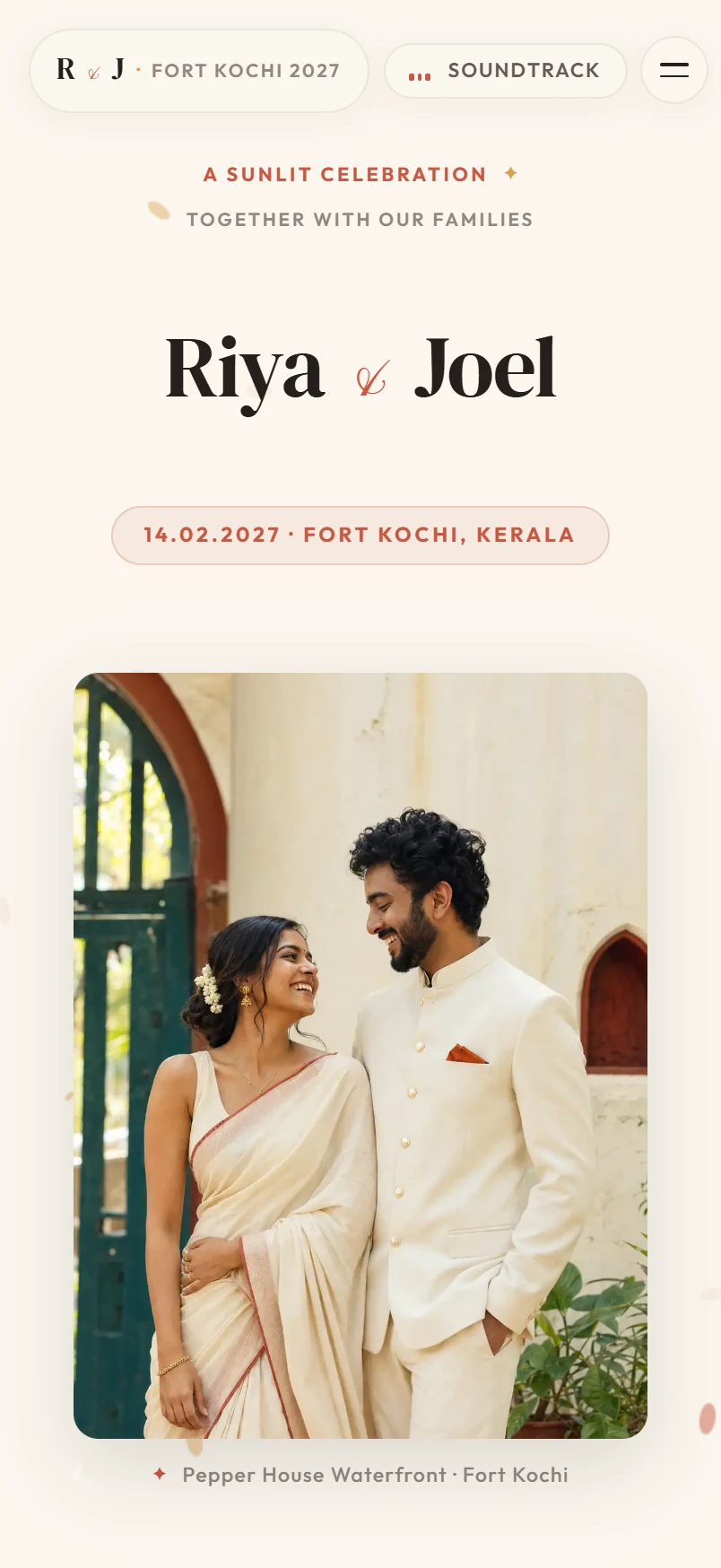 Riya & Joel live wedding website mobile hero preview
